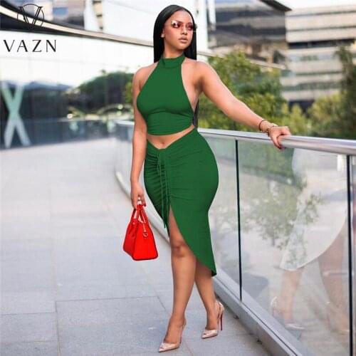 VAZN 2021 Summer Party Elegant Skinny Office Lady Stretch Sleeveless O-neck Suits 2 Piece Set Women Top And Pant