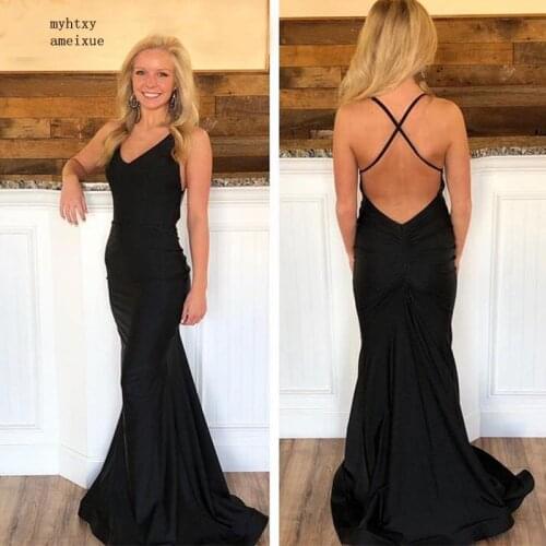 V-neck Evening Dress Mermaid Style Black Satin Crisscross Back Women Formal Evening Party Dress Sweep Train Vestido De Noche