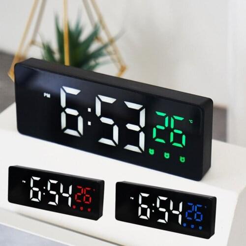 Mirror LED Digital Alarm Clock Multifunction Silent Voice Control Temperature Time Date Display LED Electronic Clock Alarm Clock