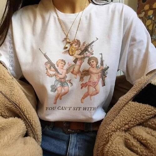 Cotton You Cant Sit With Us Three Angels Summer Womens Large Size Loose Harajuku Fun T-Shirt Cartoon Letter Print Tops