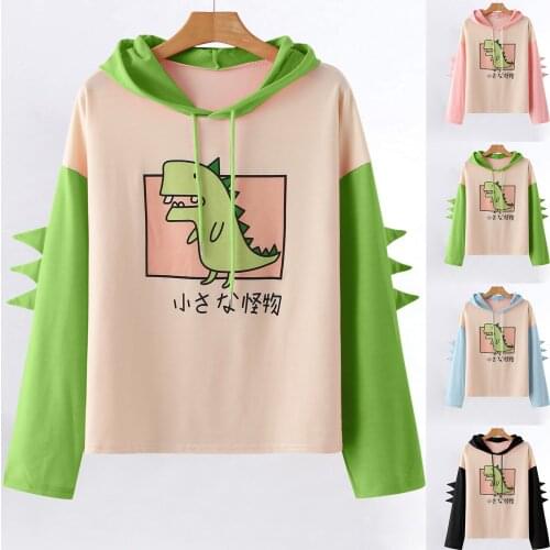 Hoodies Women Fashion Splice Dinosaur Print Sweatshirt Tops Casual Longsleeve Kawaii Clothes Ropa Mujer Толстовка Женская Топ#f3