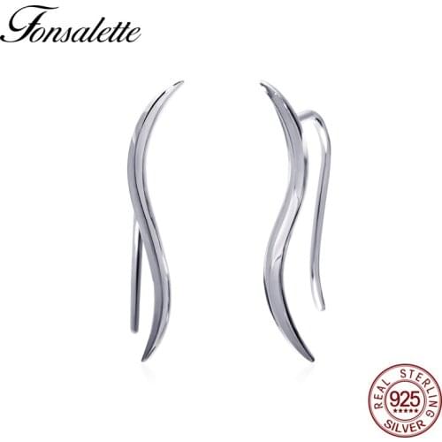 High Polished Sterling Silver Sweep Wrap Ear Crawler Cuff Earrings Minimal Fire Leaf Climber Earring Woman Jewelry Brincos ZK30