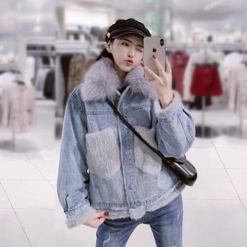 Fox Big Wool Collar Plush Denim Coat Womens Short Korean Loose Thickened Jacket Cotton Coat New Autumn And Winter 2021