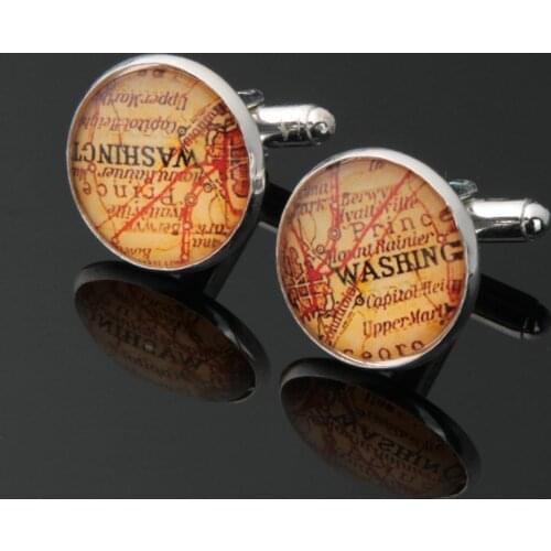 1 pair World Map Cufflinks Silver plated Old World Map Cuff links for men and women Yellow Vintage round glass cufflinks 11