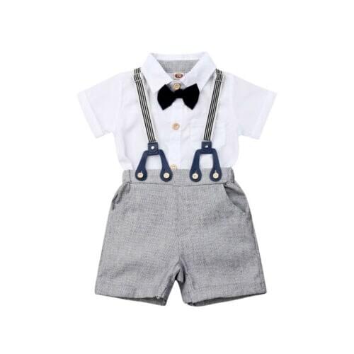 2PCS Kids Baby Boys Short Sleeve Gentleman Tops Blouse+Bib Shorts Formal Outfits Clothes