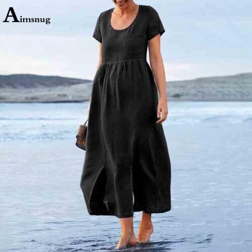 2021 Summer Long Maxi Dress Women Solid Black Casual Linen Beach Dresses Vestido Robe Dress Sexy Femme Clothing Plus Size S-5XL