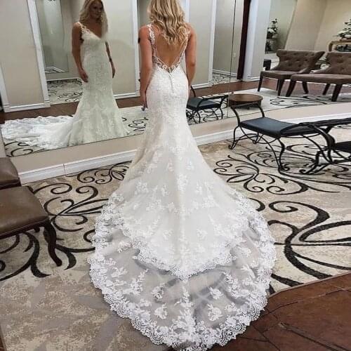 ANGELSBRIDEP V-Neck Mermaid Wedding Dresses Robe De Mariee Sexy Backless Applique Court Train Formal Bride Dresses Plus Size