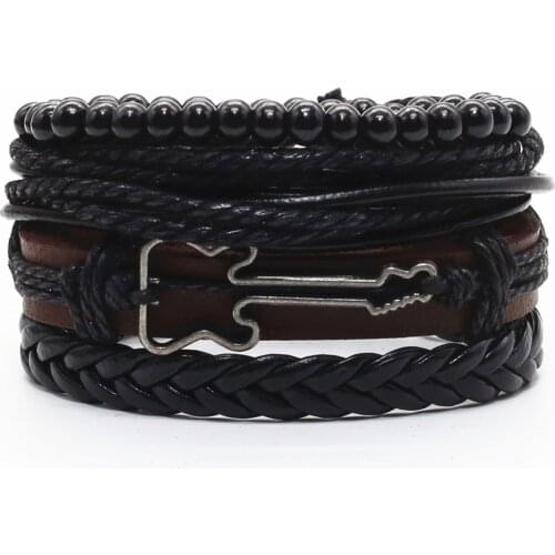 Black Braided Combination Guitar Feather Infinity Wing Cross Beads Wrap Leather Men Bracelets Set Bangle male Jewelry Fashion