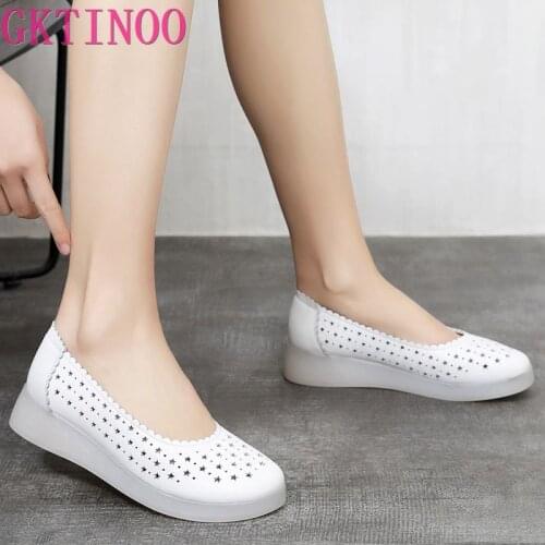GKTINOO 2021 White Hollowed Moccasins For Women Genuine Leather Flats Breathable Loafers Shoes Womens Soft Casual Flat Shoes