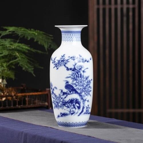 Chinese Antique Blue and White Landscape Peony Flower Bird Porcelain Vases Home Furnishing Articles