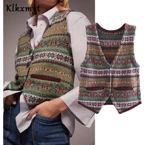 Klkxmyt Za Women 2020 Fashion Flower Button Print Knitted Vest Sweater Vintage Sleeveless V Neck Female Waistcoat Chic Tops
