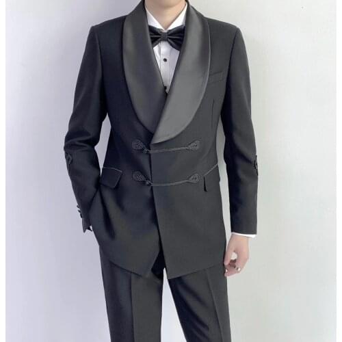 Costume Homme Chinese Style Black Men Suits Wedding Groom Prom Tuxedo Blazer Terno Masculino Slim Fit 2 Pieces Jacket Pant