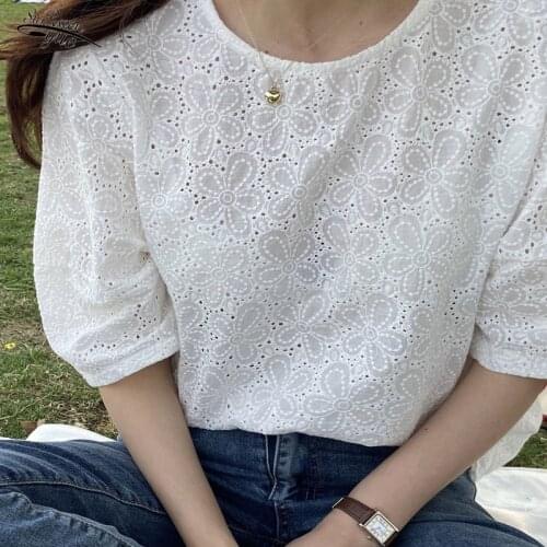 Summer short-sleeved loose embroidered shirt Korean womens shirt womens cotton lace O-neck casual top plus size 14820