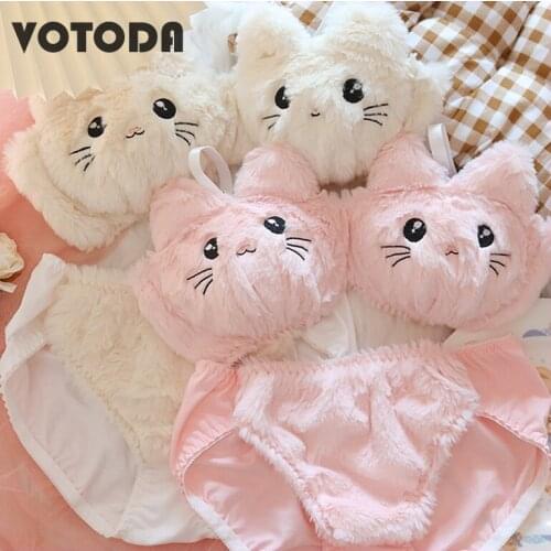 Girls Cute Cartoon Bra Set Sexy Lingerie Women Cotton Underwear Plush Pink White Bras Panty Soft Intimates Sweet Woman Clothing