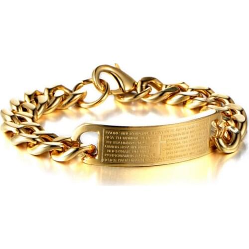 Mens Golden Stainless Steel Curb Chain Spanish Bible ID Bracelet Classic Style