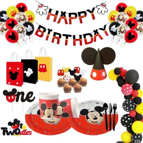 Mickey Mouse Theme Disposable Tableware Kids Party Decoration Birthday Party Baby Bath Cup Plate Tablecloth Party Supplies Sets