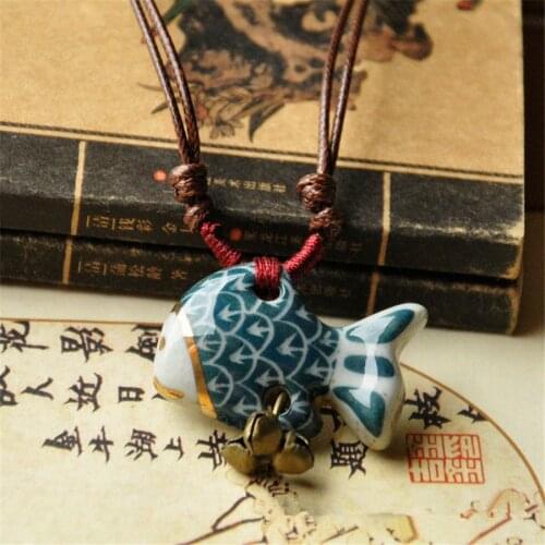 Fashion ethnic style unisex original ceramic bronze handmade adjustable porcelain tiddler bell necklace he036