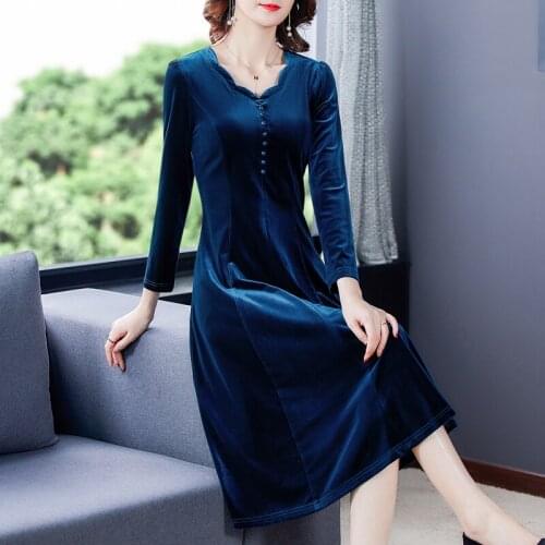 Autumn Vintage Casual Blue Gold Velvet Midi Dresses 2021 Winter Solid 5XL Plus Size Dresses Elegant Women Bodycon Party Vestidos
