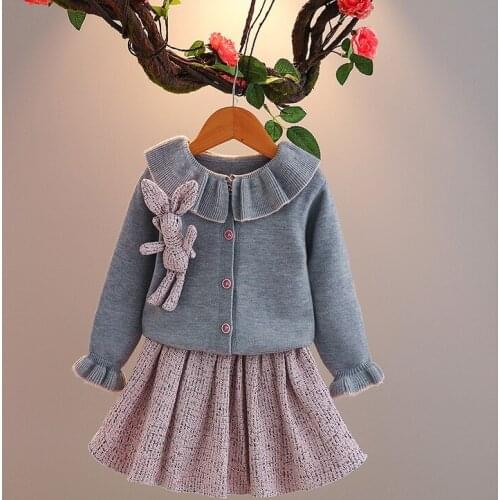 Autumn Girls Knitted Two-Piece Childrens Sweater Cardigan + Pleated Skirt Set clothes