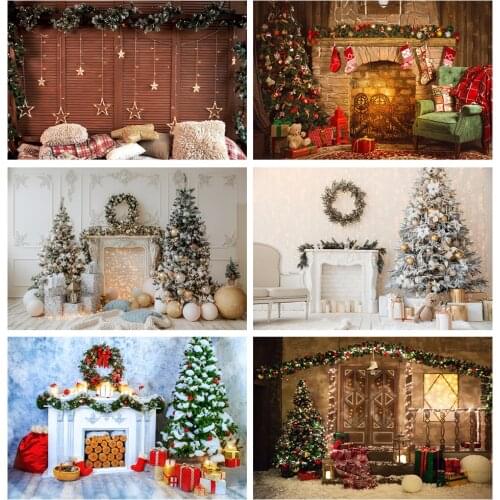 Pink Gray Chic Wall Backgrounds For Photography Merry Christmas Festivals Tree Fireplace Tree Ball Gift Party Interior Photocall