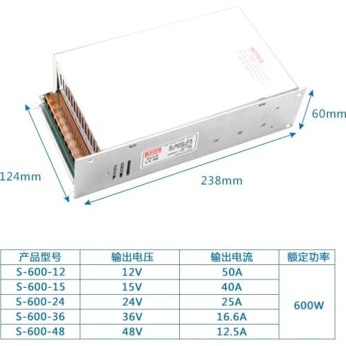 S-600-24V/25A S-600-12V/50A S-600-15V/40A S-600-36V/16.7A S-600-48V/12.5A S-600-60V/10A Switching power supply module
