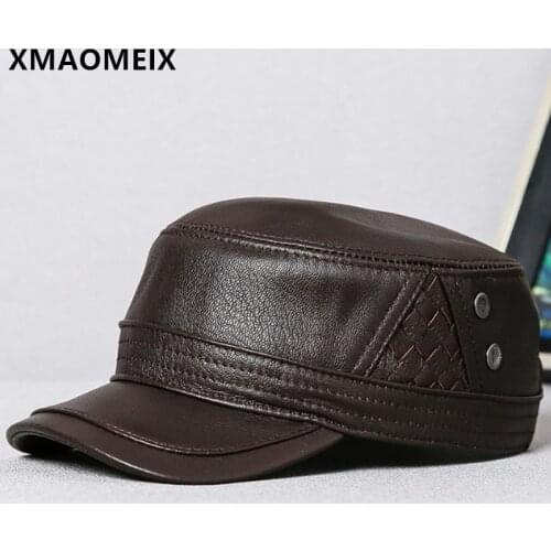 XMAOMEIX Natural Genuine Leather Hat 2021 Spring New Mens Military Hats Sheepskin Leather Adjustable Size Navy Hat Men Flat Cap