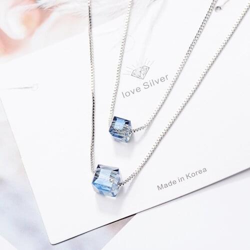 Square Aurora Cube Sugar Crystal Shiny Colorful Rubiks Cube Double 925 Sterling Silver Clavicle Chain Female Necklace for Women
