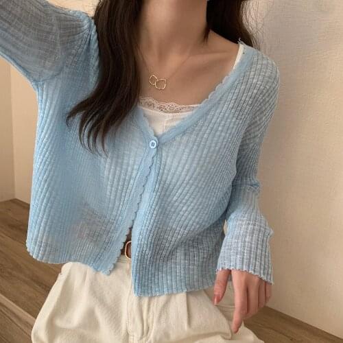 Thin Summer Transparent Cardigan Crop Tops Women V-Neck Knitted Casual Sweaters Cardigans Lady Knitting Outwear Female