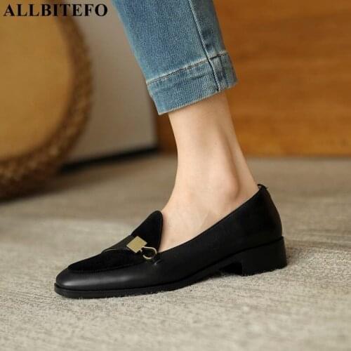 ALLBITEFO Round Toe Full Genuine Leather Women Heels Shoes Spring Fashion Leisure Girls Comfortable Women Walking Shoes