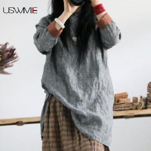 2020 Spring Women Dress Simple Literary Joker O-neck Long Sleeve Solid Color Loose Plus Size Vestidos Hem Vent Gray Dress USWMIE