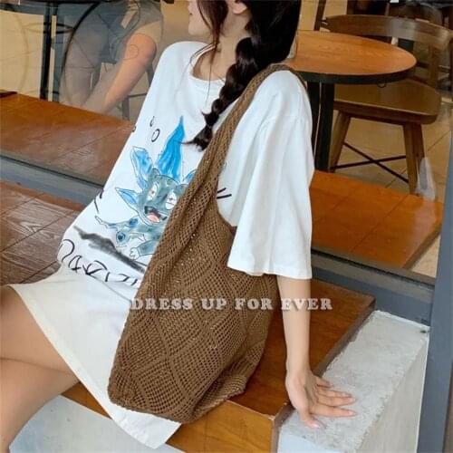 Wool Knitting Hollow Out Handmade Top-Handle Tote Korean Vintage Casual Style Chic Crochet Handbag Summer Large Beach Bag Travel
