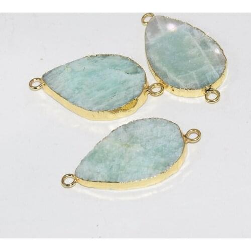 Natural amazonite jewelry stone pendant connector for women 2020 Flat Big Gold plating water drop simple light green stripe real