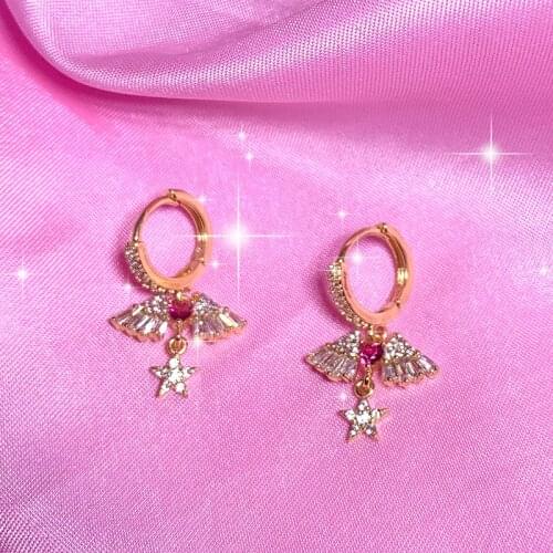 Y2K Jewelry Shiny Heart Crystal Wings Star Earrings for Women Egirl Aesthetic Vintage Angel Earrings 2000s Fashion Friends Gifts