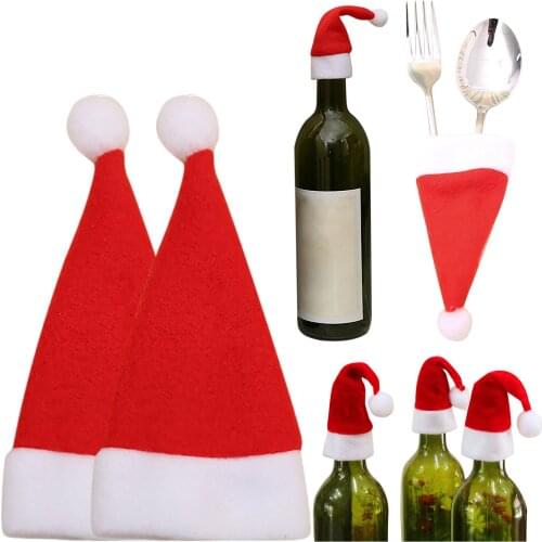 2/3/5PCS Christmas Caps Decorations Fork Knife Cutlery Holder Bag Tableware Wine Bottle Santa Claus Hat For Home Navidad Decor
