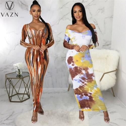 VAZN 2021 Top Quality Retro Young Sexy Holiday Soft Europe And America Long Dress Full Sleeve Women High Waist Thin Maxi Dress