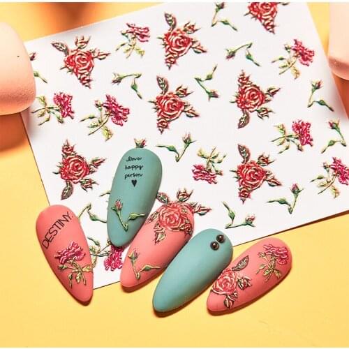 5D Acrylic Engraved Flower Nail Sticker Embossed Flower Leaf Decals self-adhesive Nail Water Slide Decals