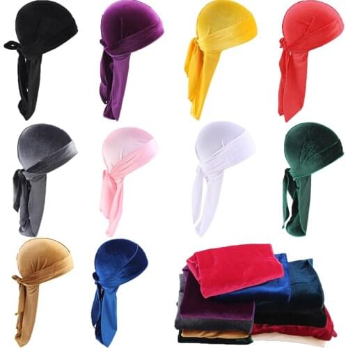 Velvet Waves Durags Cap Bandana for Men and Women Unisex Velvet Long Tail Headwrap Turban Hat Head Wrap Muslim Hair Accessories