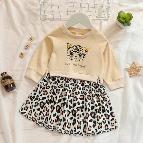 FOCUSNORM 0-3Y Autumn Lovely Baby Girls Dress Cartoon Animal Printed Leopard Patchwork A-Line Knee Length Dress