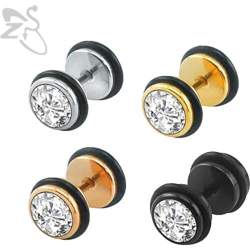 ZS Crystal Fake Ear Plug Stud Black Silver Color Stud Earrings Crystals Stone Ear Stud Stainless Steel Trendy Piercing Jewelry