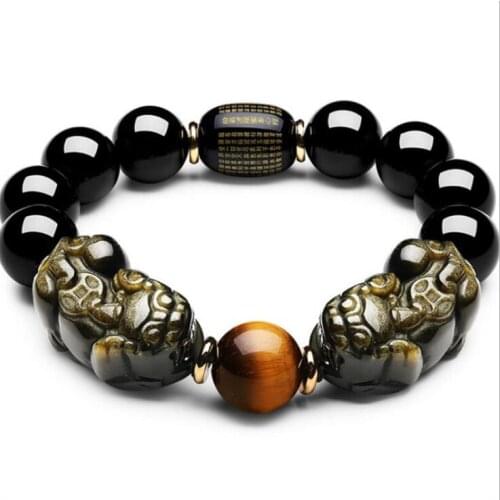 Natural Mexico gold obsidian double PI xiu bracelet double one dollar pixiu male style exquisite carving hand string wholesale