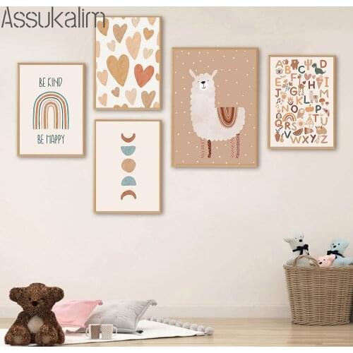 Nursery Painting Alpaca Posters Rainbow Canvas Painting ABC Alphabet Poster Love Print Boho Wall Pictures For Baby Bedroom Decor
