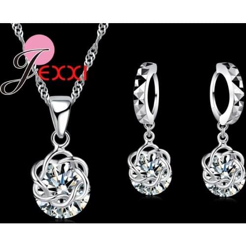 Charms 925 Sterling Silver Cubic Zircon Ball Shape Pendant Necklace Earring Lovers Wedding Jewelry Sets Bride Accessories