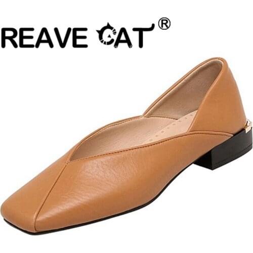 REAVE CAT 2021 Loafers Flats Metal Decoration Stepped On Square Toe Slip On 2.5cm Chunky Heel Shoes US12 Black Beige Pink A4200