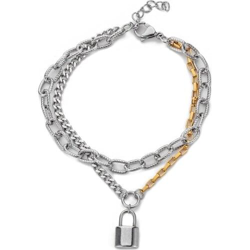 Fashion Lock Bracelet Men Cuban Curb Link Chain Creative Double Layers Two Color Bracelet For Women Love Lock Bracelet Jewelry