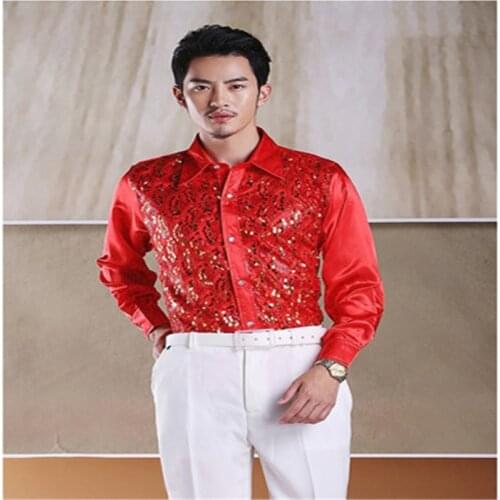 Mens glittering sequined shirt shirt stage performance clothing dance gala hosted chorus Shirts