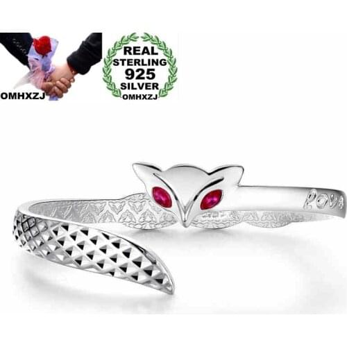 OMHXZJ Wholesale European Fashion Woman Girl Party Wedding Gift Fox Open AAA Zircon 925 Sterling Silver Cuff Bangle BA72