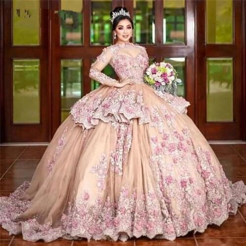 Peach Champagne Long Sleeves Mexican Quinceanera Dresses 2021 Lace Applique Flower Beaded Sweet 15 16 Dress Birthday Party Gowns