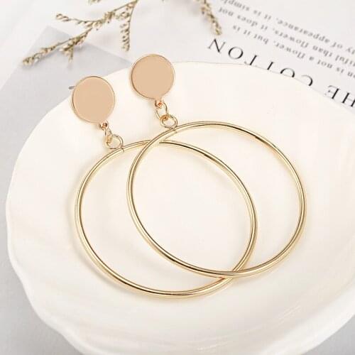 Simple Fashion Gold Color Big Round Dangle Earrings For Women Geometri Big Hollow Ladies Drop Earrings jewelry Wholesale