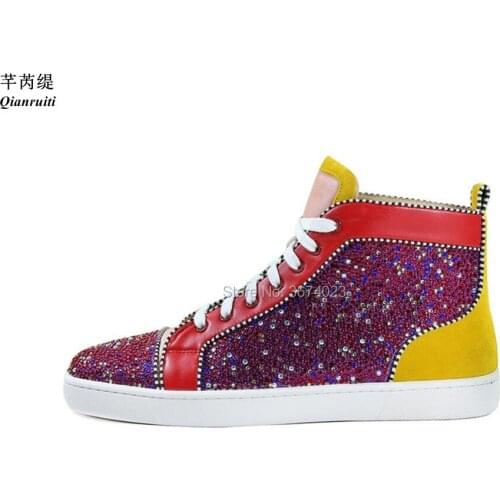 Qianruiti Mixed Color Rhinestone Casual Shoes Diamonds High Top Sneakers Rubber Sole Lace Up Flats Runway