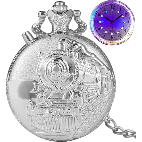 Silver Luminous LED Dial Quartz Pocket Watch Carved Train Locomotive Engine Steampunk Motor Railway Chain Pocket Fob Watches